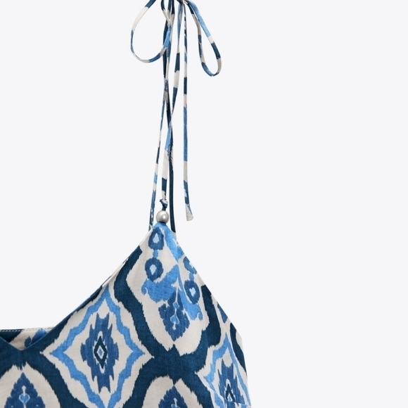 Zara Satin Silky Abstract Print Joggers And Tied Top Set In Cream & Blue Size S - Picture 9 of 16